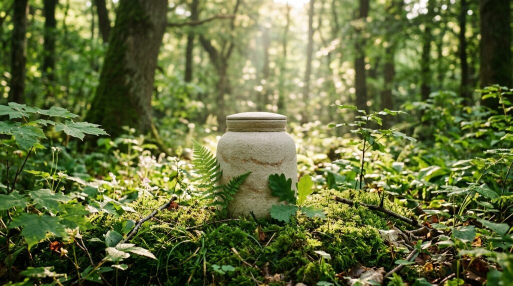 Urne Cinerarie Biodegradabili: Modelli in Sale Marino, Sabbia e Bios Urn con Albero 1 Urna ecologica biodegradabile in sale e sabbia nel bosco